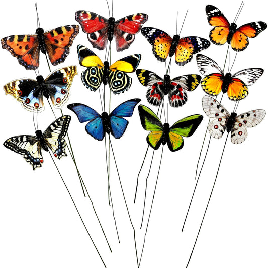 Cartanfill- Artificial Feather Simulation Butterfly Party Decoration Set, a Set of 12 Pieces with Wire, Used for Home Decoration in 12 Colors(B)