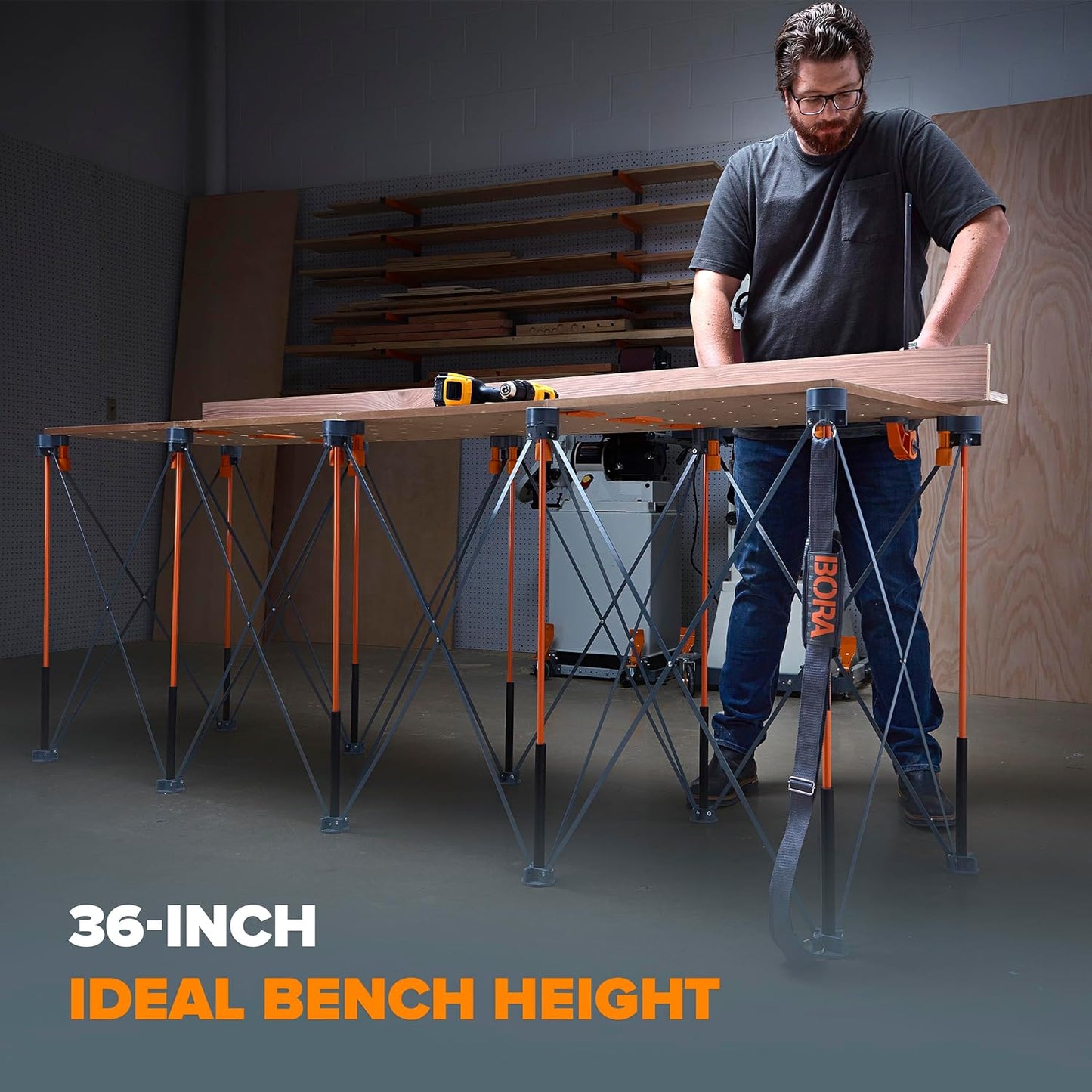 BORA Centipede CT10 36 inch Tall Portable Folding Workbench with Carry Strap, Collapsible Workstand, Construction Table, Support, Sawhorse, 2Ft X 8Ft, 36 inch Work Height, 2,500lb Weight Capacity