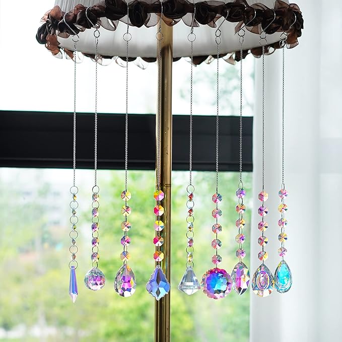 KANPURA 9 PCS Crystal Rainbow Suncatchers, Hanging Crystals Sun Catchers with Chain for Windows, Colorful Suncatcher Prism Pendant Hanging Crystals for Home Wedding Decor