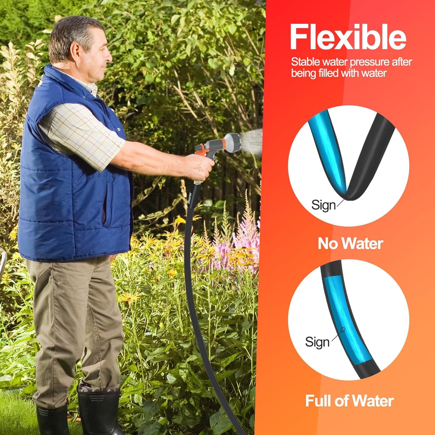 Garden Water Hose 200 ft x 5/8 in Heavy Duty, Flexible and Lightweight, Burst 600 psi, Kink-less Hybrid Rubber Pipe for Backyard, 3/4'' Brass Fittings, Black