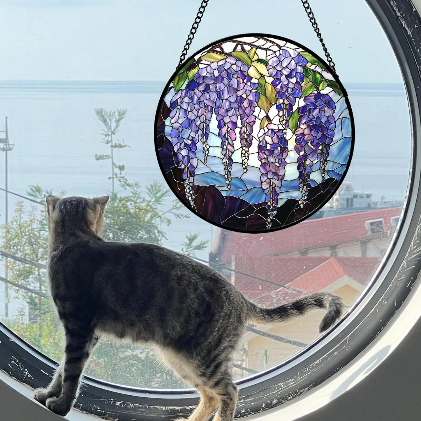 Stained Glass Window Hanging, Purple Wisteria Flowers Suncatcher for Doors Window Home Plant Sun Catchers Decoration Mother's Day Birthday Gifts for Women, Men, and Mom 9.8x9.8 in