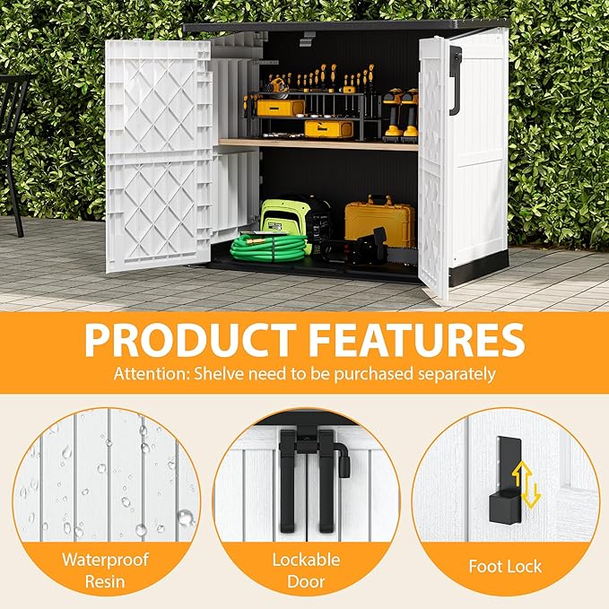 LHBcraft Outdoor Storage Cabinet 36 Cu Ft with Lockable Doors, Portable Horizontal Resin Storage Shed - Easy to Assemble, Waterproof Small Storage Shed with Floor