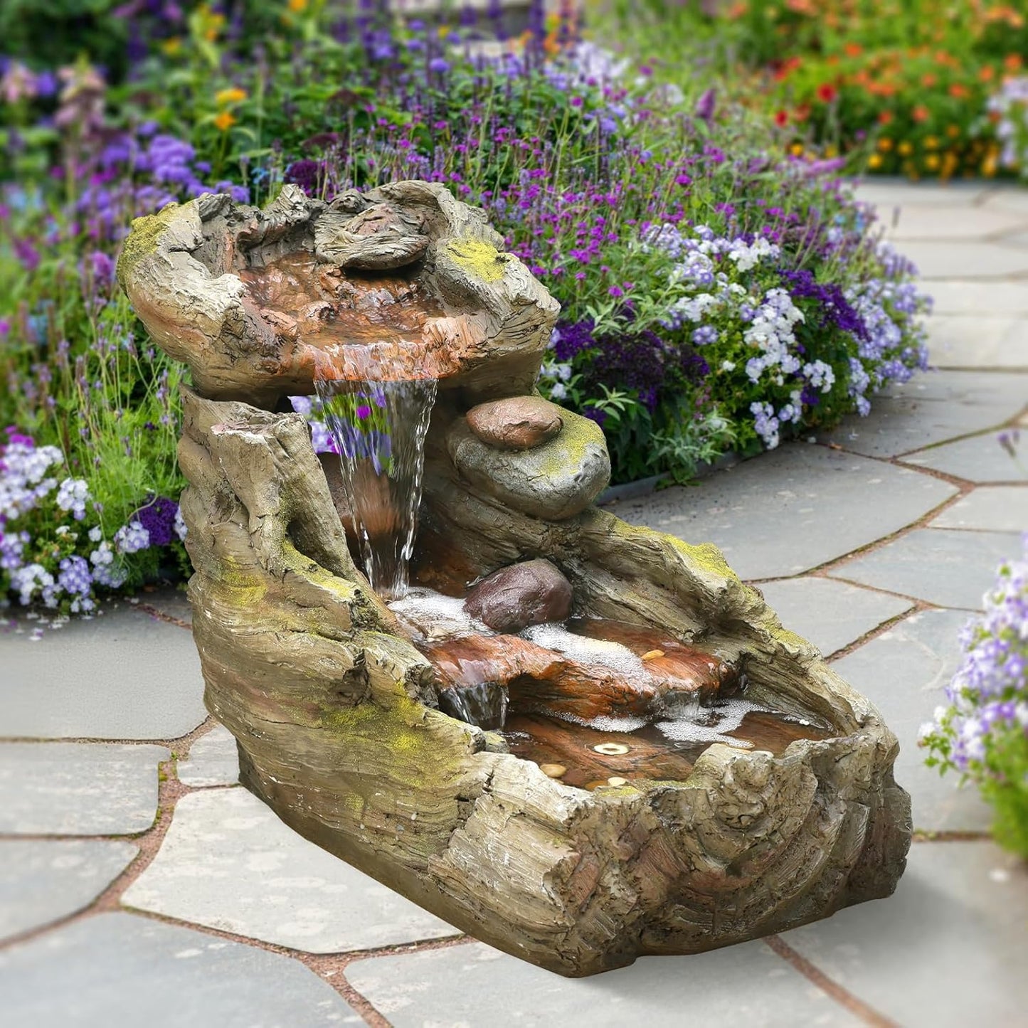 32.5" L Garden Outdoor Water Fountain, Floor Standing Cascading Realistic Tree Trunk Natural Waterfall Outdoor Fountains with LED Lights for Patio, Porch, Home Art Decor