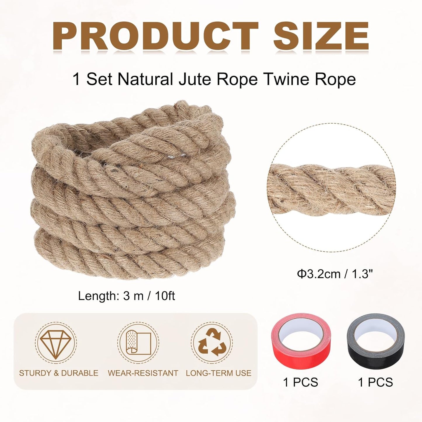 MECCANIXITY Jute Rope 1.3 Inch x 10ft, Thick Twine Rope Ropes Braided Jute Twine Natural Brown Burlap Cord String Heavy Twisted with Tapes for Decorative Crafts Railing Swing Tug of War