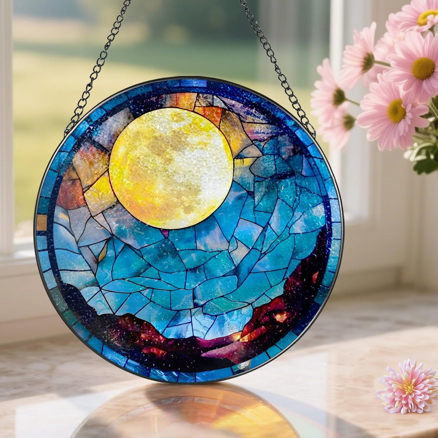 Stained Glass Window Hanging - 8 Inch Full Moon Suncatcher for Window Doors Home Decoration, Valentine's Day Mother's Day Christmas Birthday Gifts for Women, Men, and Mom Grandma