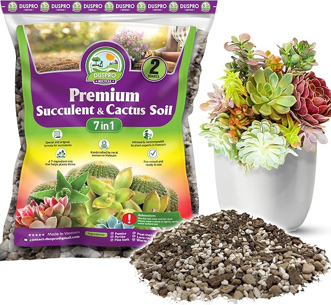DUSPRO Succulents Soil Potting Mix – 7 in 1 Ingredients Well-Draining, Nutrient-Rich Cactus Potting Soil for Succulents and Cacti, Indoor & Outdoor Use, Ready to Use, Supports Healthy Root Growth, 2QT