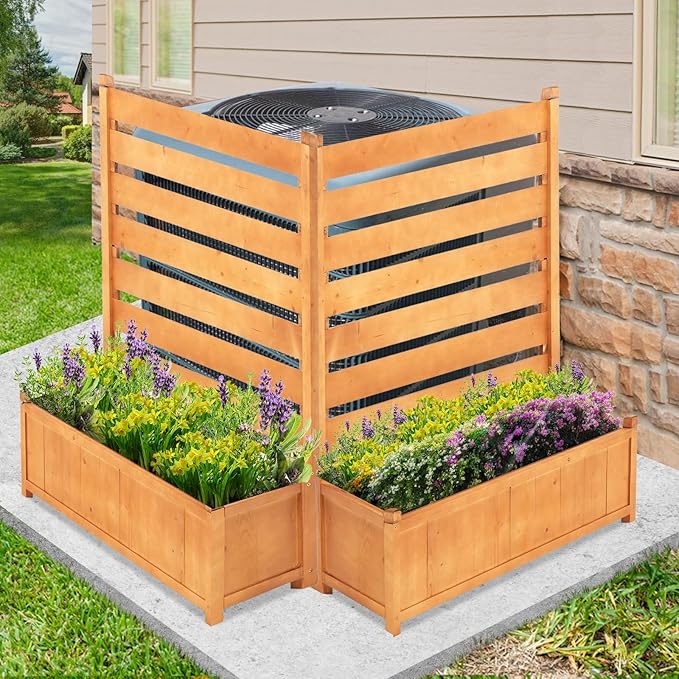 Air Conditioner Fence, Outdoor Wood Privacy Screens for Outside with Planter Box, No Dig Trash Can AC Fence Pool Equipment Enclosure Panels 36" W x 45" H (2 Panels)