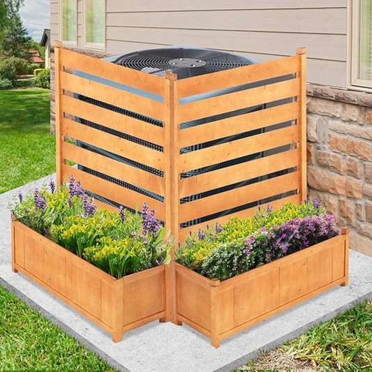 Air Conditioner Fence, Outdoor Wood Privacy Screens for Outside with Planter Box, No Dig Trash Can AC Fence Pool Equipment Enclosure Panels 36" W x 45" H (2 Panels)