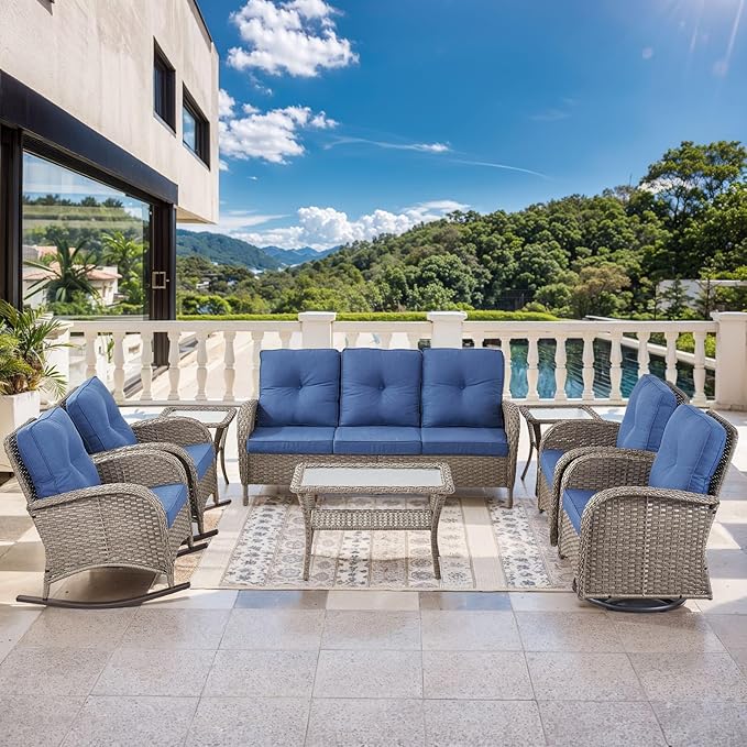 Outdoor Furniture-8 Piece Wicker Patio Furniture Set with Patio Swivel Chair Wicker Rattan Couch with Outdoor Rocking Chair Patio Conversation Set for Deck Lawn Porch Balcony Poolside-Grey/Blue
