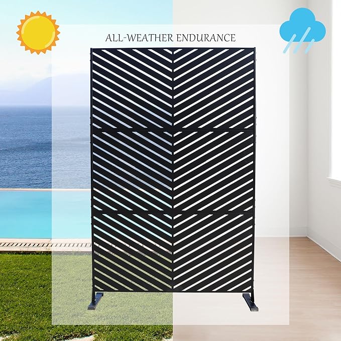 Kozyard Metal Privacy Screen 74" H x 47.2" W Decorative Outdoor Divider with Stand Panels Freestanding Screen Set for Deck Patio Balcony Garden Outdoor&Indoor(Black/Chevron)