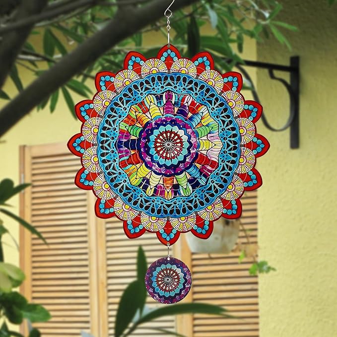 TUOKING Mandala Wind Spinners Outdoor Metal 3D Hanging Art Wind Spinner 12 Inch Stainless Steel for Yard and Garden Decoration Worth Gift for Women