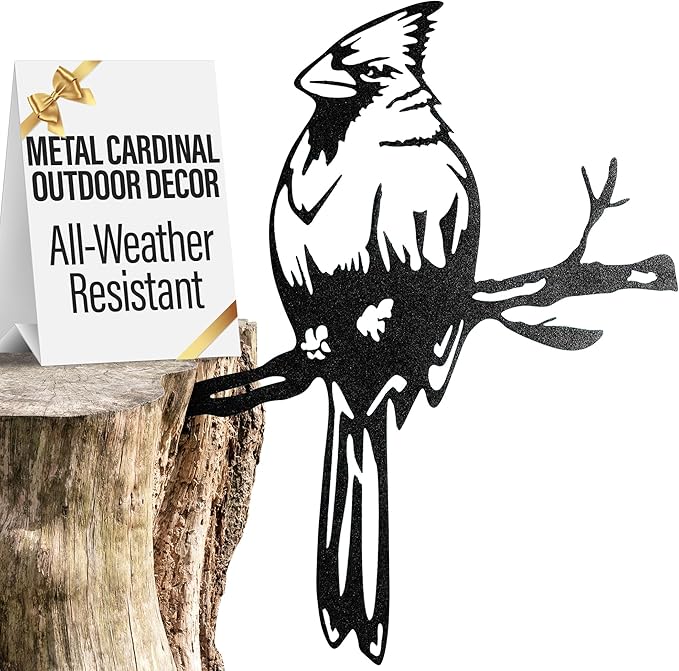 Renovatio Metal Bird Decor – Stylish Decoration for Yard & Garden – Perfect Outdoor Yard Art – 12 Gauge Thick Steel – Ideal Backyard Decor & Bird Ornaments – Cardinal Bird (Black)
