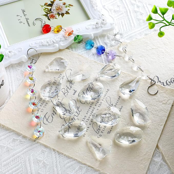 12Pcs Clear Crystal Suncatchers Prisms DIY Kit,Glass Suncatchers Hanging Crystals Ornament,Sun Catcher with Glass Beads,Prisms Rainbow Pendant for Window Home Office Garden Decoration