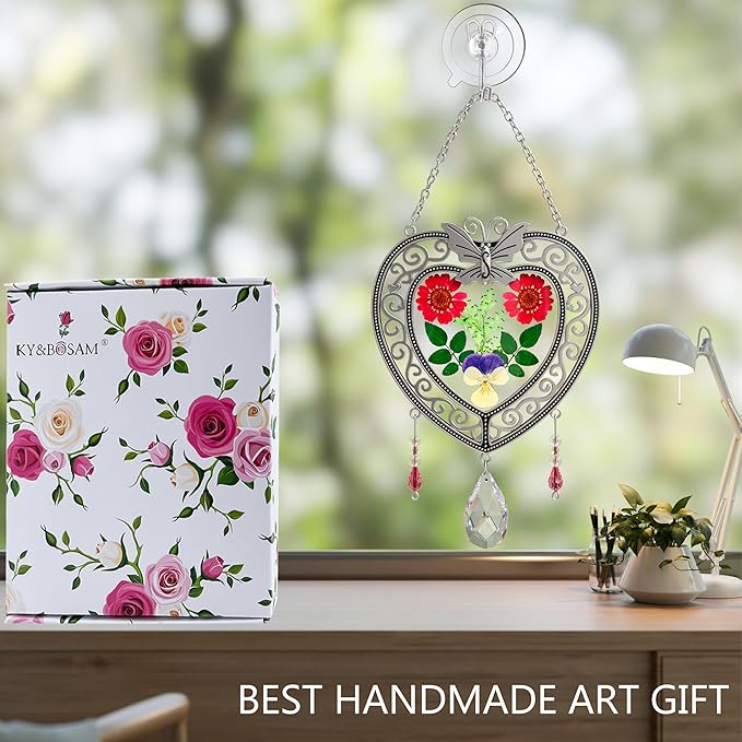 KY&BOSAM Heart Suncatcher Crystal Tree of Life Stained Glass Panles Real Flower Hangings for Windows Home Garden Outside Wind Chime Decor Birthday Gifts for Women Mother`s Day Christmas Ornament