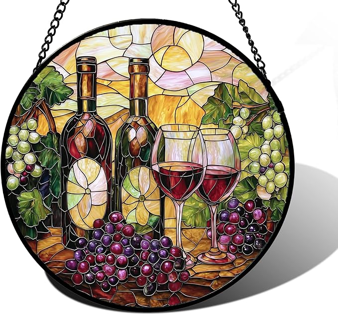 Stained Glass Window Hanging, Grapes and Wine Suncatcher Diamond Glass Panel Hangings Sun Catchers Decor for Birthday for Women, Men, Wife, Aunt, and Mom 6.3 in