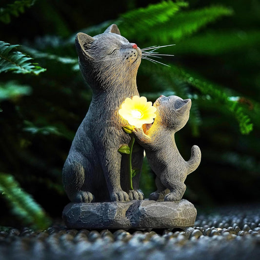 Solar Cat Garden Statue Outdoor Decor - Mother & Kitten Figurines with Flower LED Light, Outside Yard Art Patio Balcony Lawn Ornament, Unique Gifts for Cat Lover