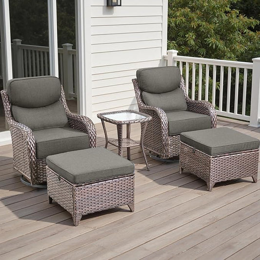 Rilyson Wicker Outdoor Patio Furniture Set - 5 Piece Patio Conversation Sets with Swivel Rocker Chairs, Ottomans and Side Table, 6 inch Cushions, Waterproof Wicker, for Porch Deck Brown/Grey