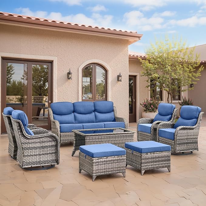 Swivel Patio Chairs sofa Set of 4 with 6" Thick Cushion - Wicker Outdoor Swivel Rocker Patio Chair ,Sofa/Glass coffee table, High Back Comfortable Outdoor Glider Chairs - Grey Wicker | Blue Cushions