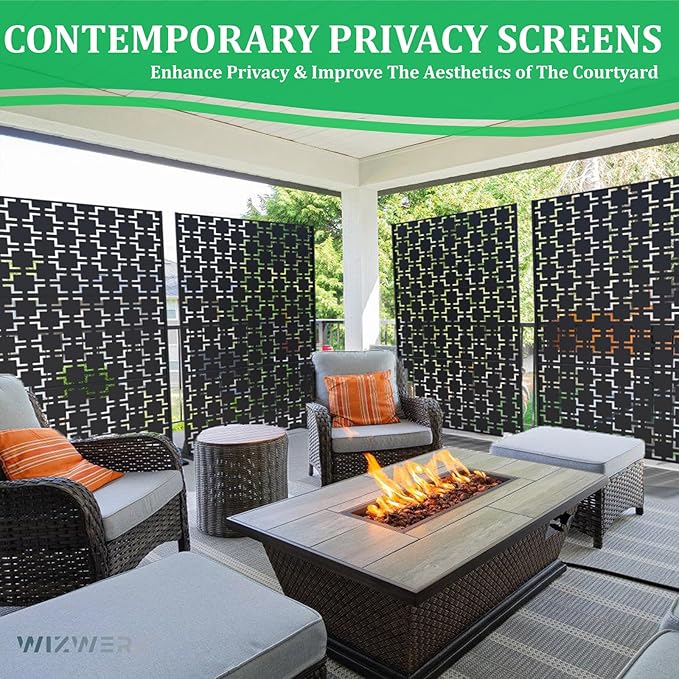 6FT Outdoor Metal Privacy Screen – Decorative Privacy Fence and Room/Garden Divider, Weather-Resistant Freestanding Panel with Stand, Durable Steel for Patio, Garden, Balcony, or Backyard