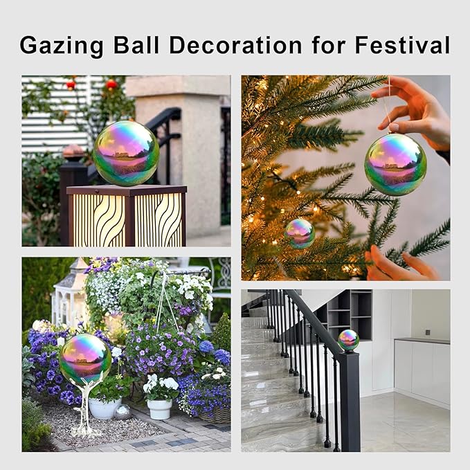 Nerien Gazing Ball, Stainless Steel Garden Mirror Globe, Polished Ornament Sphere, Hollow Floating Reflective Hemisphere, for Home Outdoor Pond Housewarming Swimming Pool Decoration, Rainbow, 8Pcs