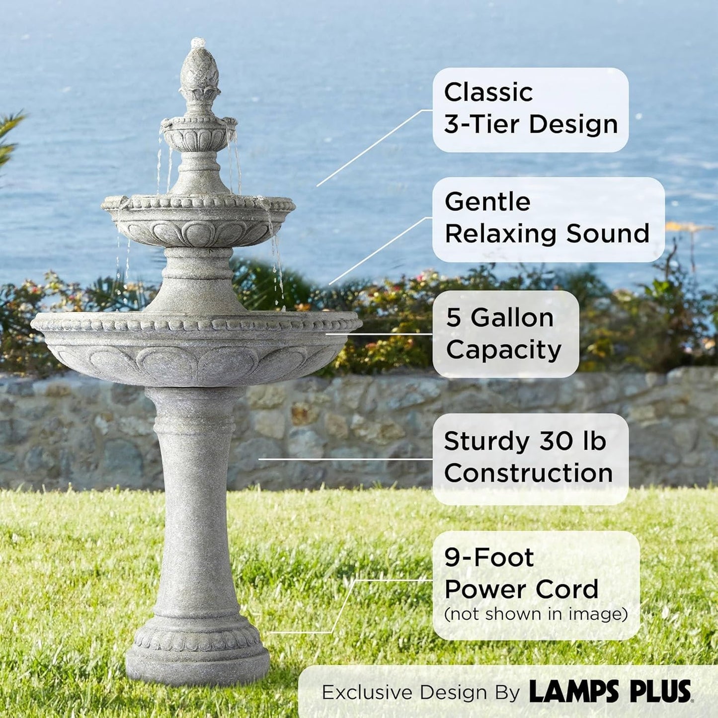 Pineapple 44" High Large Italian Outdoor Decor Old Faux Stone Floor Fountain Waterfall 3-Tier Standing Bowl Cascading Tall Water Feature for Outside Garden Patio Yard Backyard Porch - John Timberland