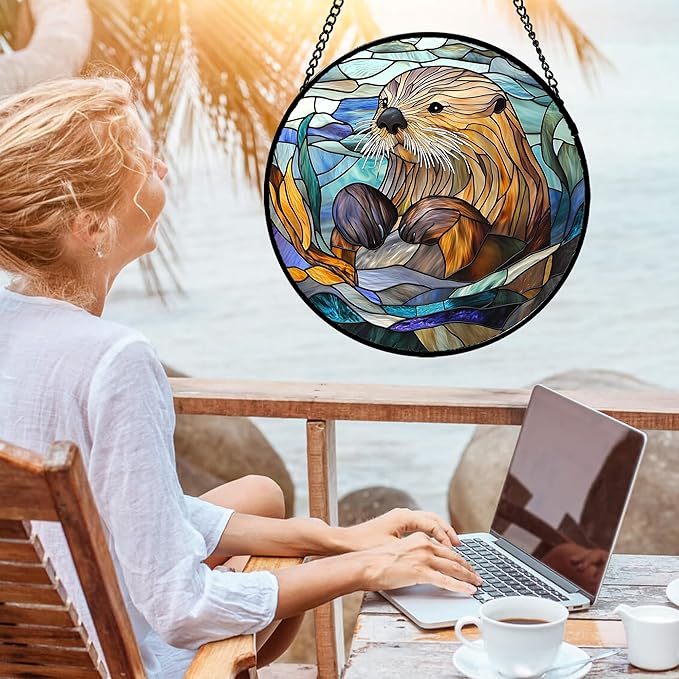 Stained Glass Suncatcher, Blue Ocean Cute Sea Otter Sun Catcher Stain Glass Window Hanging Decoration Mother's Day Birthday Gifts for Women Men Mom Nana 9.8 in