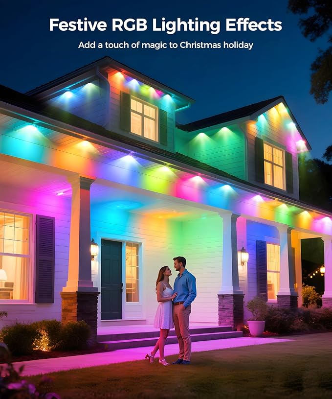 POOFZY Permanent Outdoor Lights for House,100ft RGB+IC Smart Outdoor Decor, 50 Scene Modes,App/Remote Control,IP67 Waterproof,for Christmas,Halloween,Daily & Holiday Party Decor,House Roof Lighting