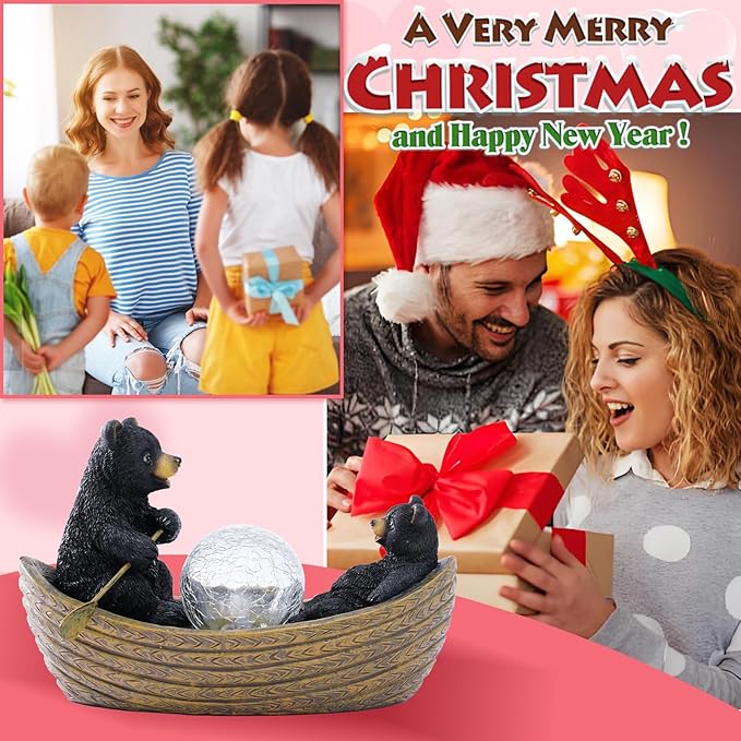 Solar Bears Boating Statues with Cracked Glass LED Lights – Funny Resin Bear Decor Garden Decorations for Patio,Balcony,Yard,Birthday Gifts for Women Mom