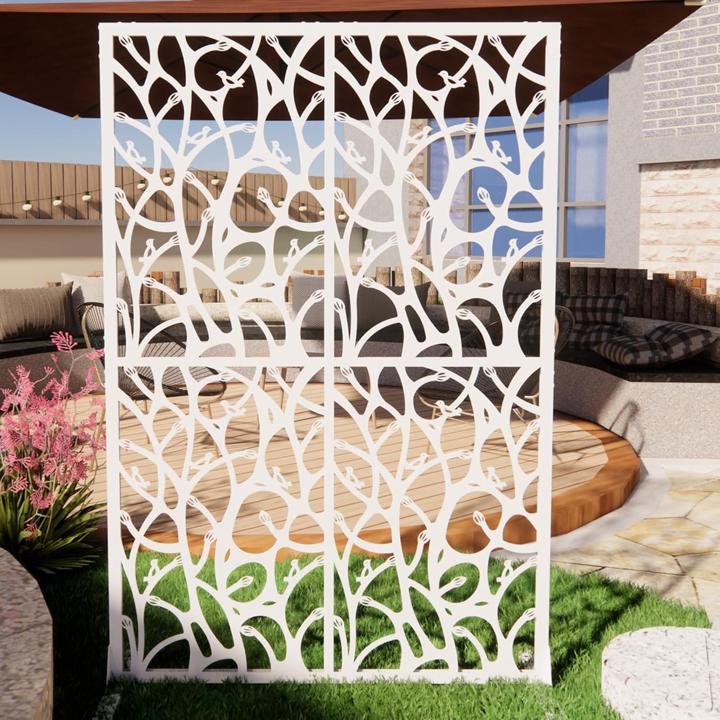 Metal Privacy Screens 72" H Outdoor Privacy Screens Panels Outdoor and Indoor Bird Pattern Divider with Freestanding Decorative for Balcony Patio Garden Room Divider, White