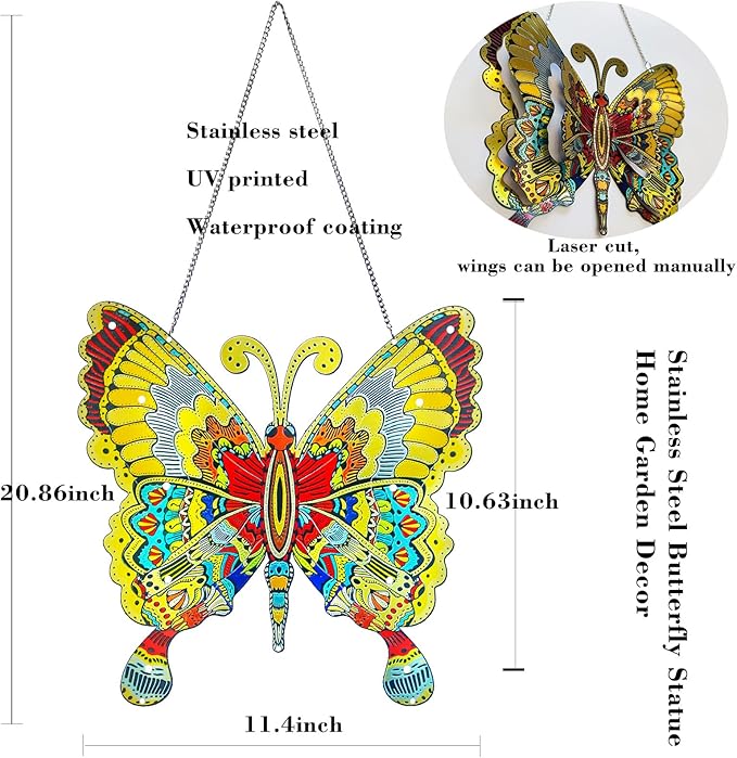12" Stainless Steel Butterfly Wall Decor for Indoor Outdoor,Giant Butterfly Decorations Metal Wall Art,Hanging Decorations for Garden Yard Porch Patio - Birthday Gift for Mother's Day Christmas