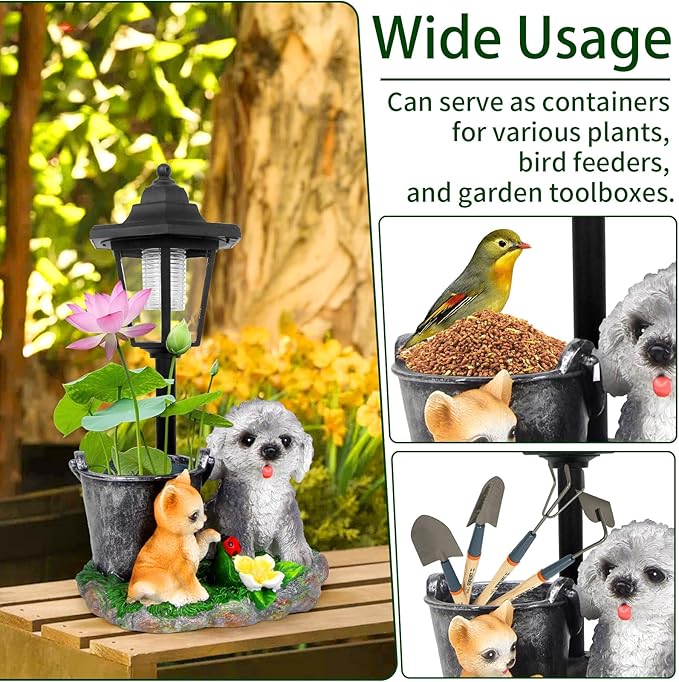 Garden Dog Statue,Resin Teddy & Cat Figurine with Solar LED Light,Flower Pots Planters Pots for Succulent,Outdoor Sculpture for Patio Balcony Yard Lawn Decor,Unique Gift for Dad Mom Grandma