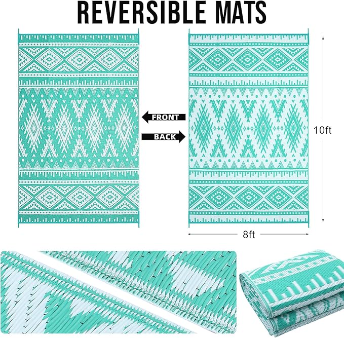 OLANLY Outdoor Rug Waterproof 8x10 ft, Reversible Outdoor Plastic Straw Rug, Boho Patio Rug, Indoor Outdoor Carpet, RV Mat Outside for Patio, Camp, Picnic, Balcony, Deck, Backyard, Turquoise & White