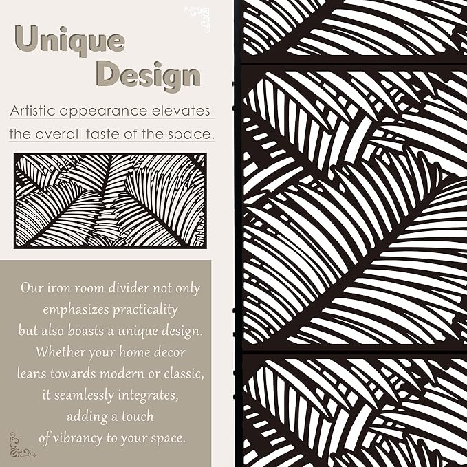 Kozyard Metal Privacy Screen 74" H x 47.2" W Decorative Outdoor Divider with Stand Panels Freestanding Screen Set for Deck Patio Balcony Garden Outdoor&Indoor (Black/Palm Leaf)