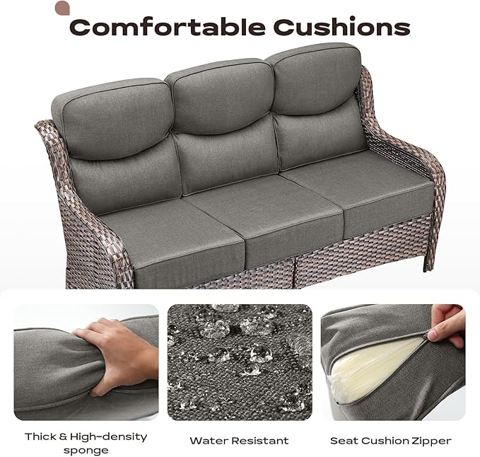 Rilyson Wicker Outdoor Patio Furniture Set - 6 Piece Patio Conversation Sets with Swivel Rocker Chairs, Ottomans, Sofa and Coffee Table, 6 inch Cushions, Deep Seating, for Porch Deck Brown/Grey