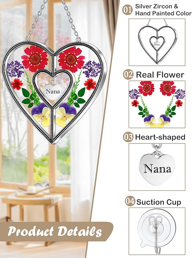 KY&BOSAM Heart Suncatcher Nana Stained Glass Panles Hangings for Windows Ornament Sun Catchers with Pressed Real Flower Heart Embedded in Glass Birthday Gifts for Nana Mother`s Day Home Garden Decor