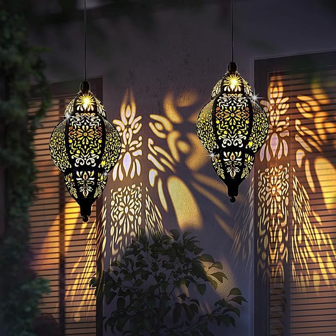 Hanging Solar Lantern Outdoor Decor, Moroccan Solar Lights for Outside Garden Decorations, Waterproof Solar Lanterns Garden Gifts for Mom, Women, Patio, Yard Ornament