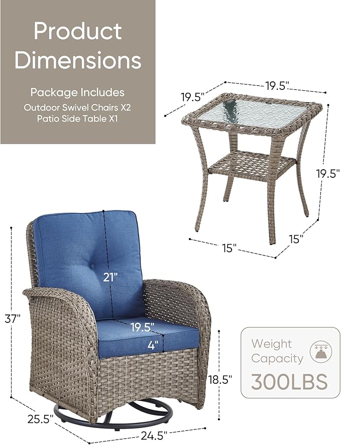 HUMMUH 3 Piece Outdoor Rocking Chairs Bistro Set-All Weather Wicker Outdoor Swivel Chairs Set of 2 with Side Table Small Patio Furniture Set for Deck Lawn Porch Balcony Poolside-Grey/Blue