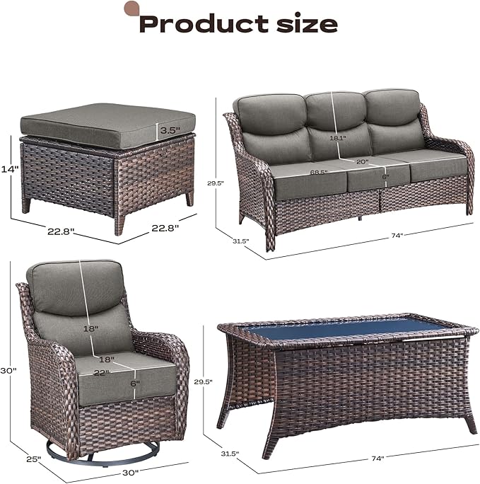 Rilyson Wicker Outdoor Patio Furniture Set - 6 Piece Patio Conversation Sets with Swivel Rocker Chairs, Ottomans, Sofa and Coffee Table, 6 inch Cushions, Deep Seating, for Porch Deck Brown/Grey