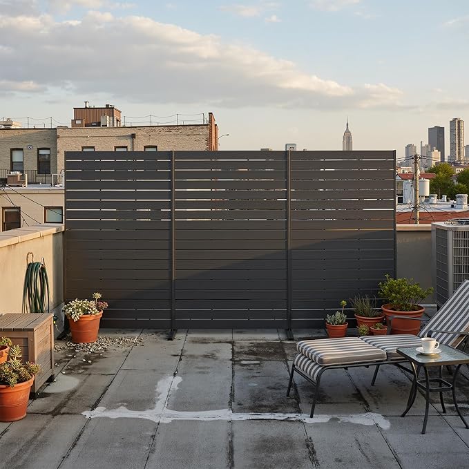 NicBex Outdoor Privacy Screen, 72" H x 47" W Privacy Screen Fence, Black Freestanding Fence Panels with Metal Stand, HDPE Indoor Decorative Divider for Balcony, Pool, Garden, Bathroom