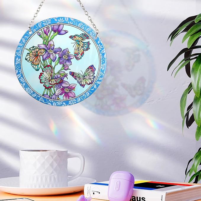 Butterfly Stained Glass Window Hanging - Butterfly Gifts for Women, Birds Suncatchers for Windows - Birds Window Hangings with Chain and Hook, 6 inch Stained Glass Suncatcher for Mom