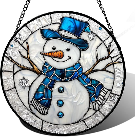 Stained Glass Window Hanging Christmas Snowman Blue White 9.8" - Suncatcher Door Garden Sun Catcher Home Decor Birthday Mother's Day Xmas Gift for Mom Men Woman Her Nana Parents Girl