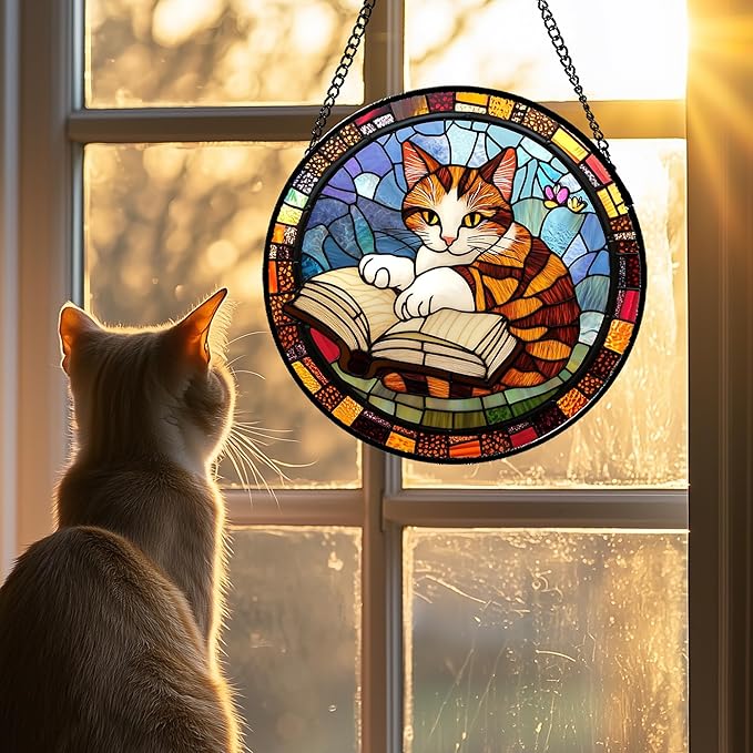 Stained Glass Window Hanging Little Cat Reading Large 15" - Suncatcher Door Garden Kitchen Sunroom Sun Catcher Home Decor Birthday for Lost Pets Mom Grandma Men Woman Friend