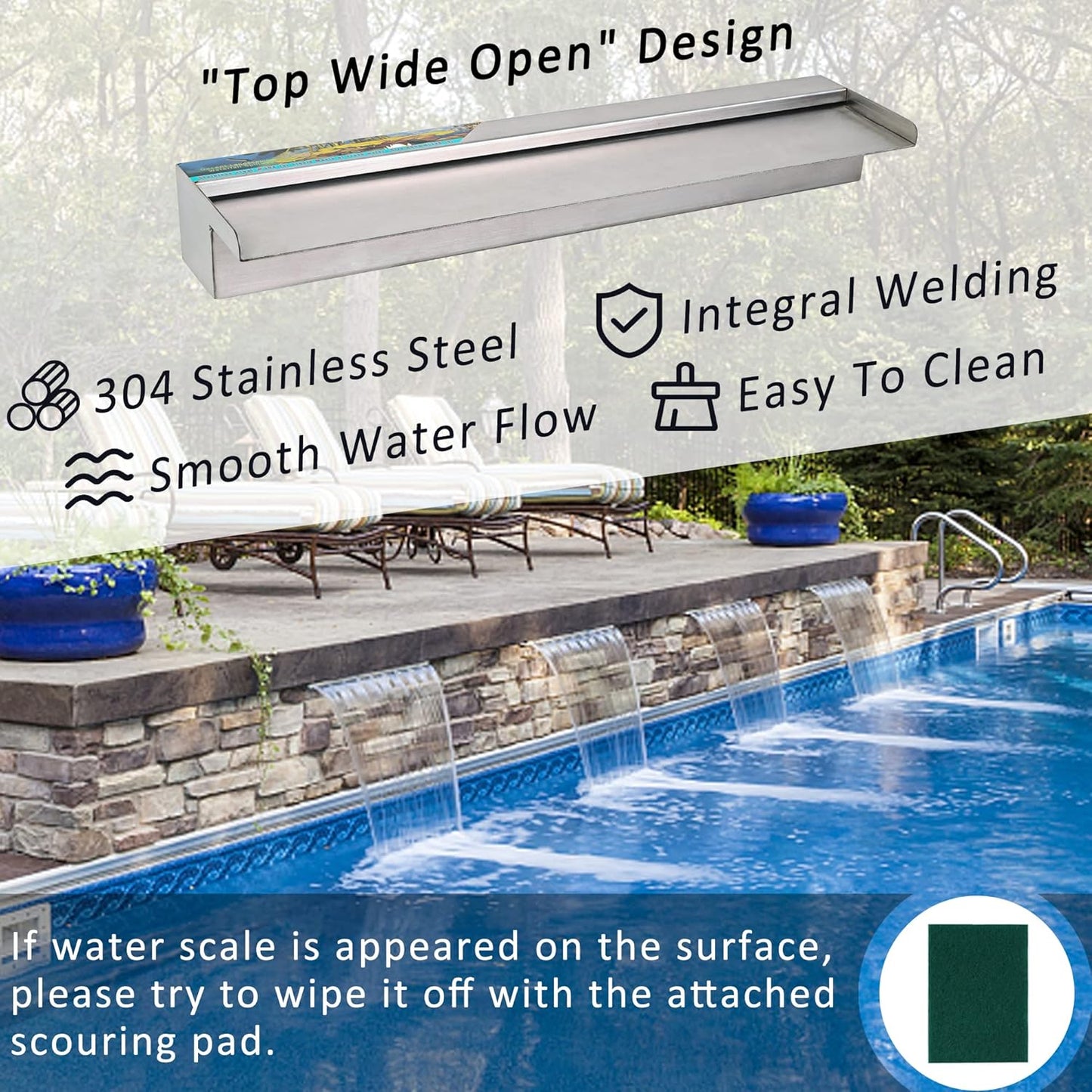 YUDA 24 Inch Water Pool Fountain, 304 Stainless Steel Pool Waterfall with Wider Water Flow Platform, Professional Waterfall Spillway for Sheer Descent Garden Outdoor