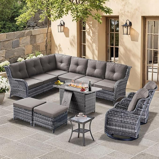 HUMMUH 8 Pieces Outdoor Patio Furniture Set with Fire Pit,L-Shaped Modular Sectional Couches with Swivel Patio Chairs,Wicker Conversation Set for Deck,Backyard,Porch,Garden