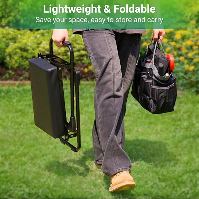 Walensee Garden Kneeler and Seat – Foldable Heavy Duty Garden Stool with Soft Leather Kneeling Pad, Removable Tool Pouch, Sturdy Steel Frame, No Assembly, Ideal Gardening Gift for Women & Men