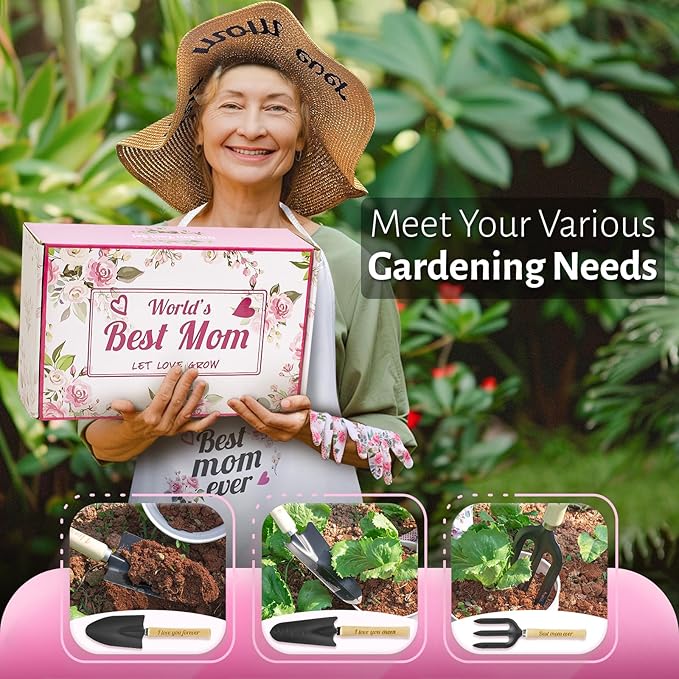 Gifts for Mom,7 Piece Womens Gardening Kit with Pink Gardening Tools,Straw Hat, Floral Gardening Apron and Gloves,Mothers Day Garden Gifts Pink