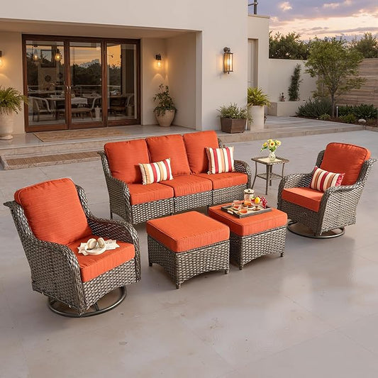 ovios 6 Pieces Patio Furniture Set, Outdoor Wicker Sofa Couch with Swivel Chairs Ottomans Comfy Cushions, High Back All Weather Modern Conversation Sets, Brown Rattan, Orange Red