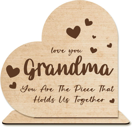 Grandma Gift – “You Are The Piece That Holds Us Together” Heart-Shaped Wooden Plaque, Rustic Desk Decor, Sentimental Wooden Sign for Grandmother.(055)