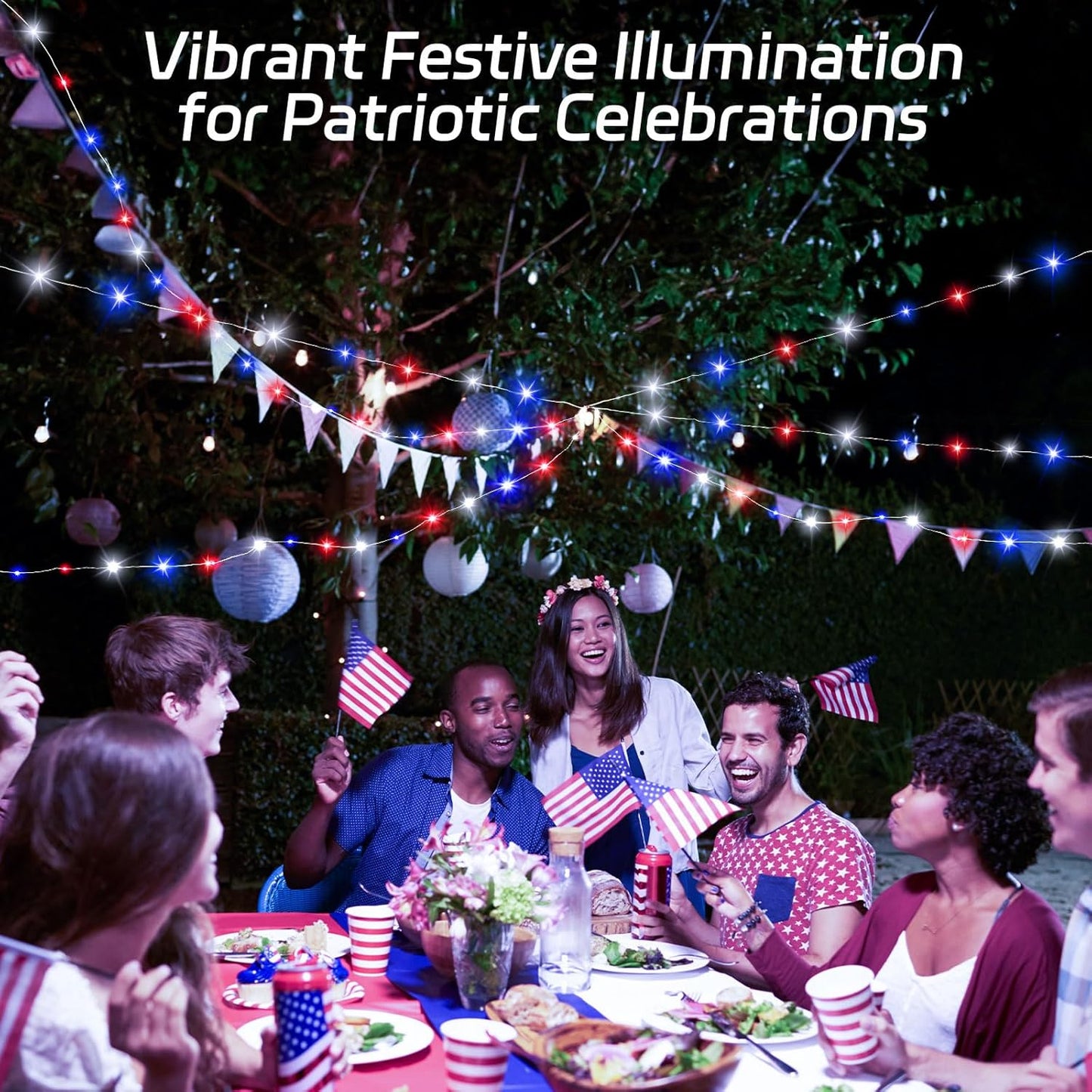 Red White and Blue Solar Fairy Lights, 4th of July Lights Waterproof Outdoor 16.4ft 50LED 8 Modes Memory Function Independence Day Memorial Day Decorations