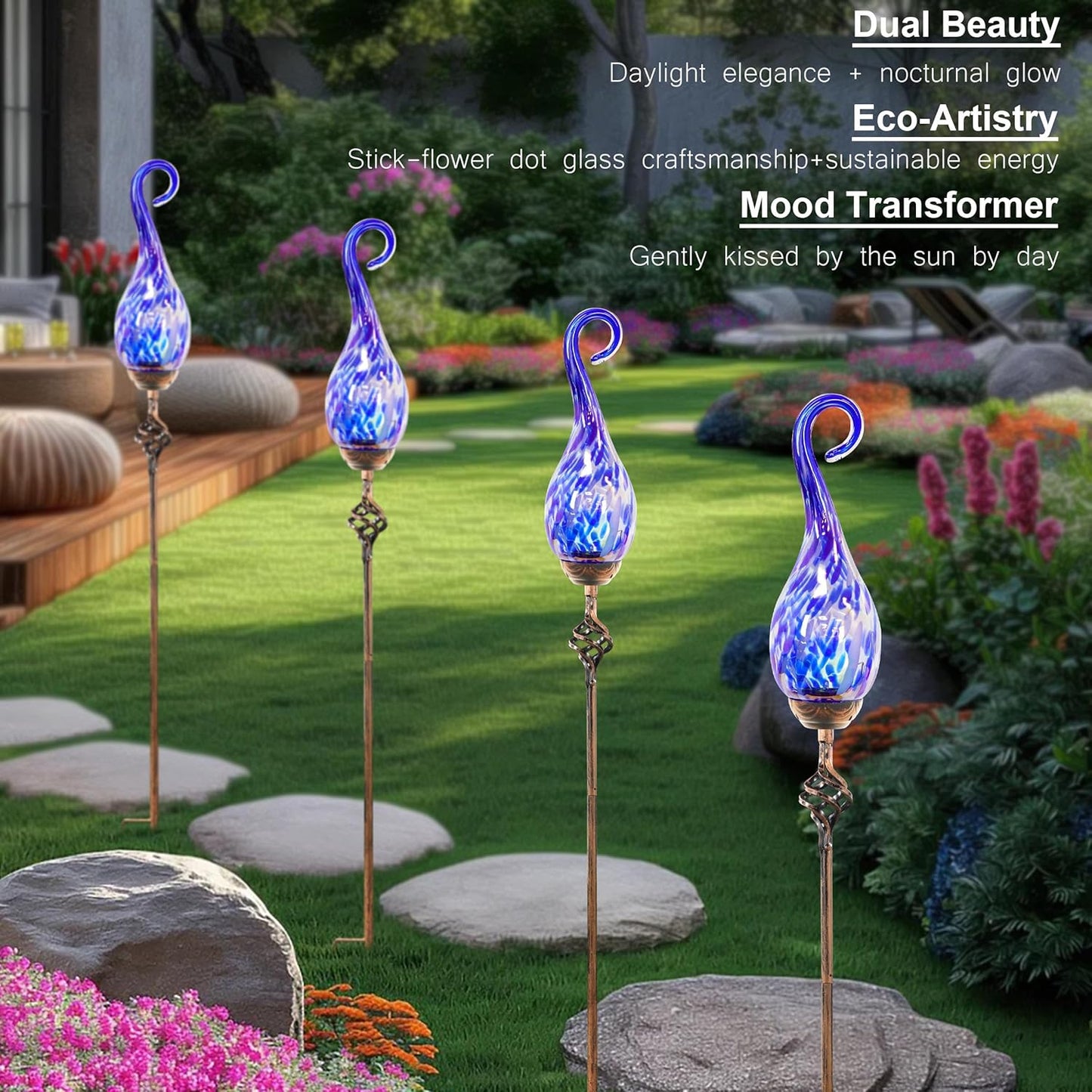 Garden Solar Lights Outdoor, Decorative LED Pearlized Glass Spiral Garden Stake with Finial, Hand Blown Glass and Metal Outdoor Decoration, 3 x 36 Inch (Dark Blue)